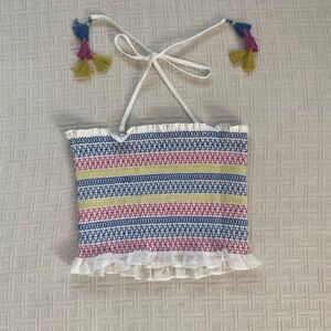 Red Carter striped bandeau top.
